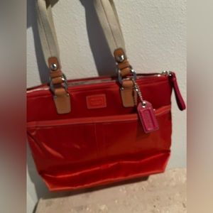 Coach Hamptons 11745 Med. Sz. Orangeish Red Satin Nylon Shoulder Tote Handbag